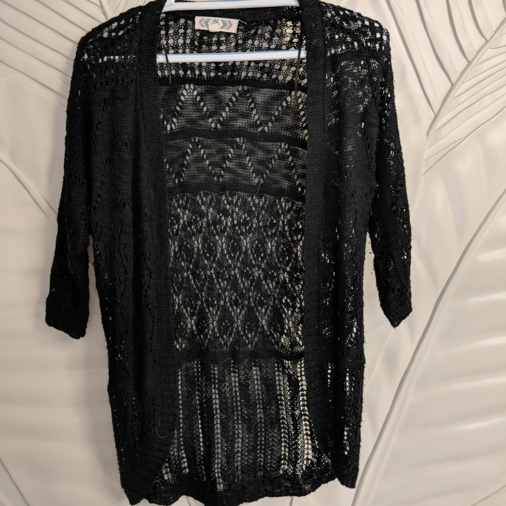 Pink rose size small black knit summer cardigan